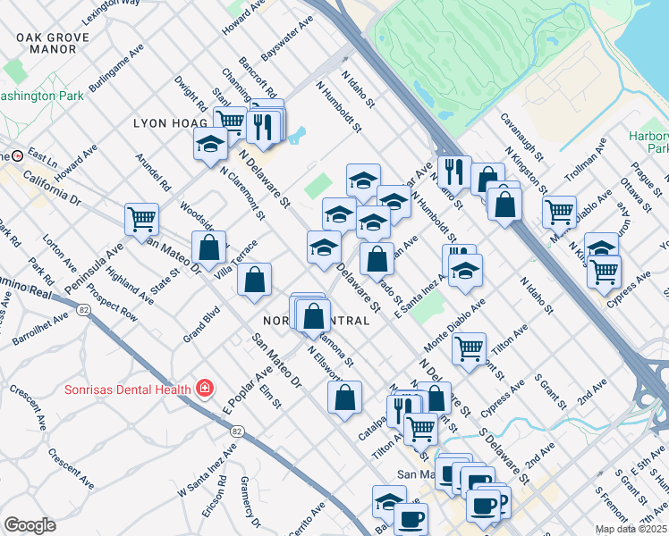 map of restaurants, bars, coffee shops, grocery stores, and more near in San Mateo