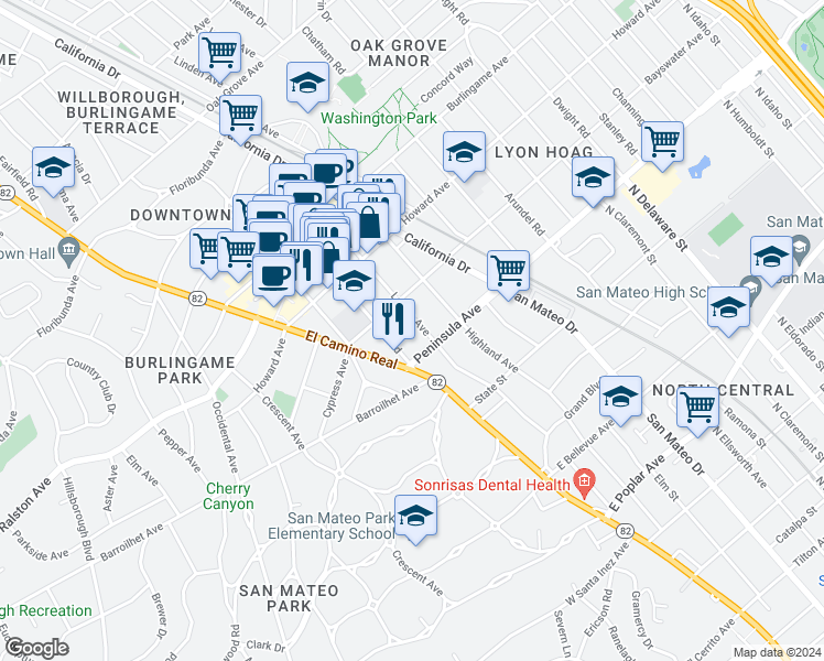 map of restaurants, bars, coffee shops, grocery stores, and more near 2 Park Road in Burlingame