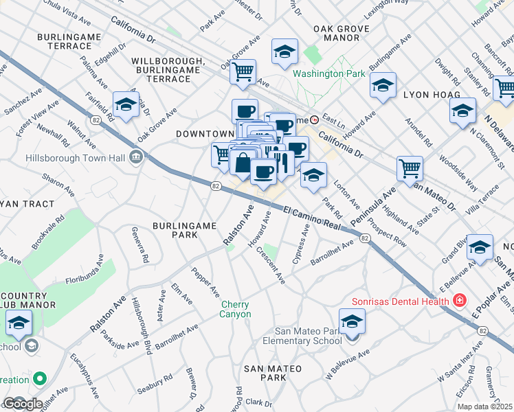 map of restaurants, bars, coffee shops, grocery stores, and more near 1525 Ralston Avenue in Burlingame