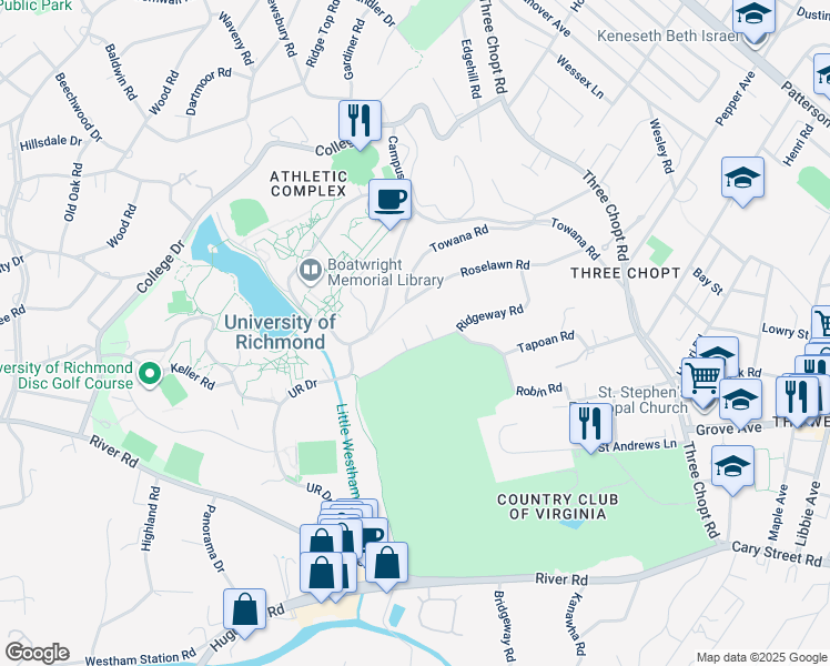 map of restaurants, bars, coffee shops, grocery stores, and more near 6336 Ridgeway Road in Richmond