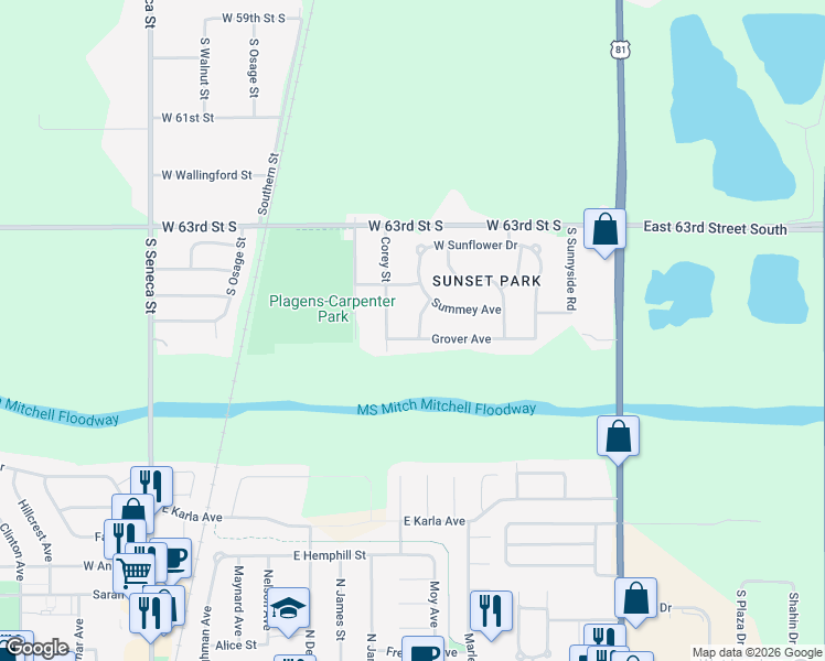 map of restaurants, bars, coffee shops, grocery stores, and more near 421 Grover Avenue in Wichita