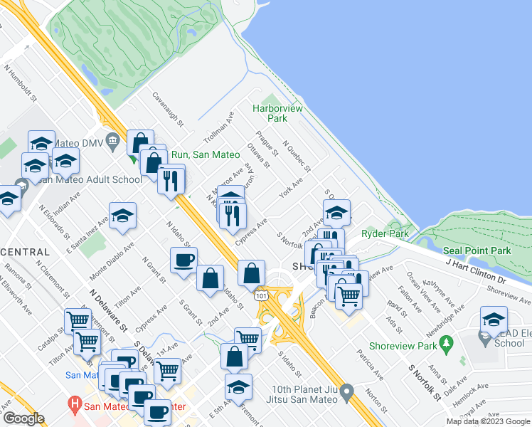 map of restaurants, bars, coffee shops, grocery stores, and more near 1504 York Avenue in San Mateo