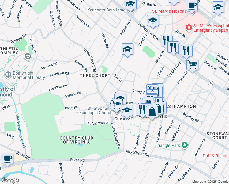 map of restaurants, bars, coffee shops, grocery stores, and more near 410 Henri Road in Richmond
