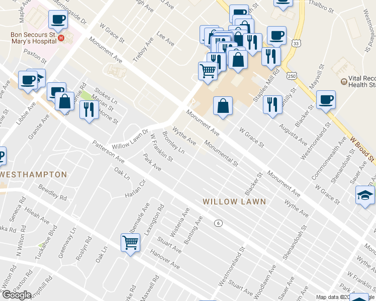 map of restaurants, bars, coffee shops, grocery stores, and more near 5006 Bromley Lane in Richmond
