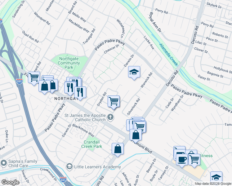 map of restaurants, bars, coffee shops, grocery stores, and more near 34607 Wells Avenue in Fremont
