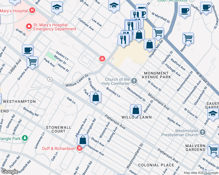 map of restaurants, bars, coffee shops, grocery stores, and more near 5006 Bromley Lane in Richmond
