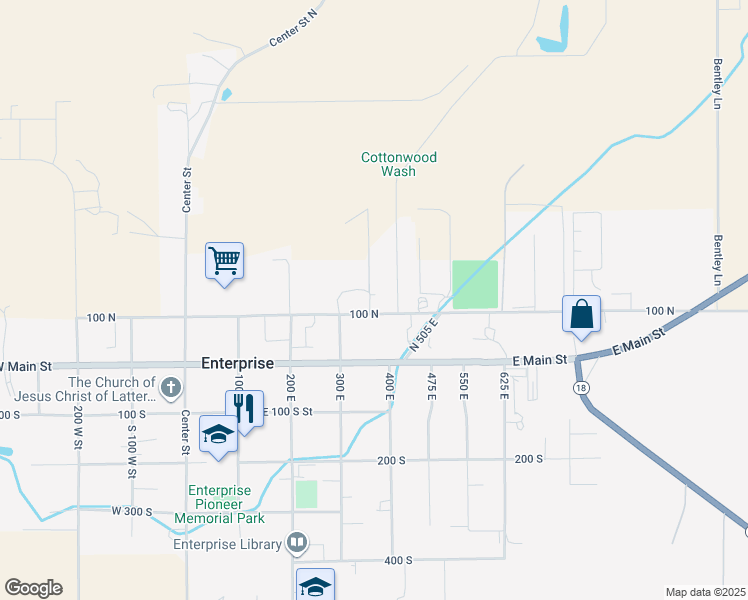 map of restaurants, bars, coffee shops, grocery stores, and more near 373 East 100 North in Enterprise