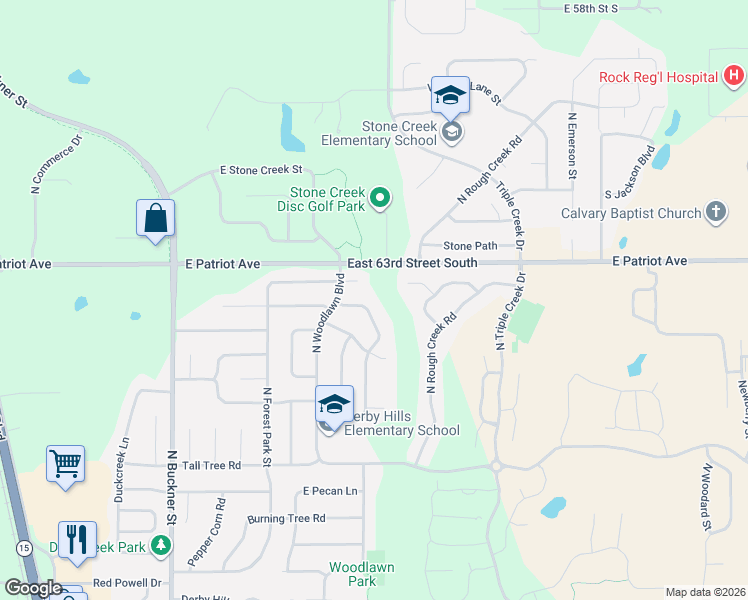 map of restaurants, bars, coffee shops, grocery stores, and more near 518 Wild Plum Cir in Derby