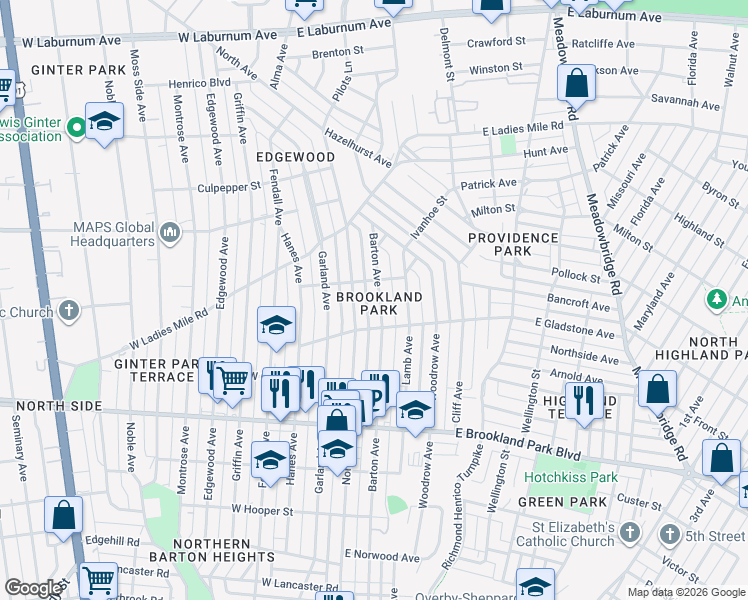 map of restaurants, bars, coffee shops, grocery stores, and more near 3301 Barton Avenue in Richmond