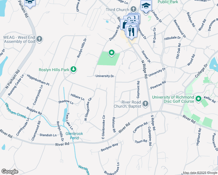map of restaurants, bars, coffee shops, grocery stores, and more near 25 East Glenbrooke Circle in Richmond