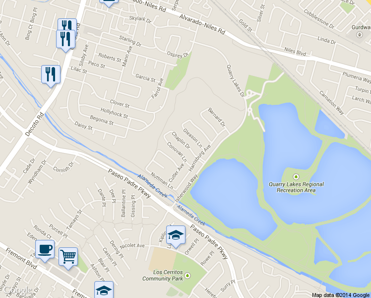 map of restaurants, bars, coffee shops, grocery stores, and more near 35641 Gleason Lane in Fremont