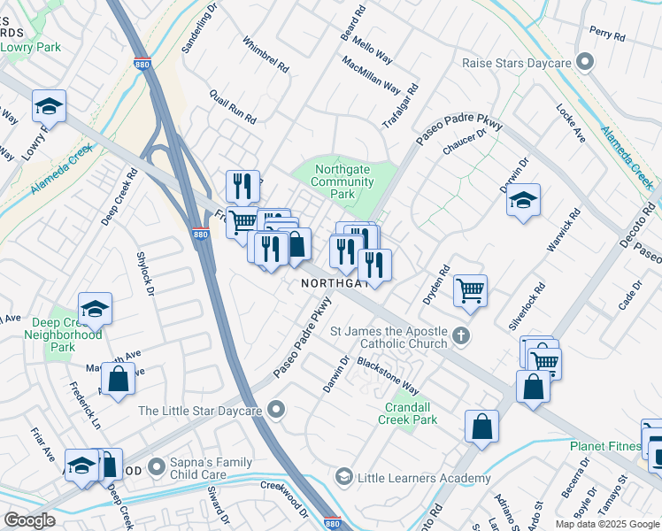 map of restaurants, bars, coffee shops, grocery stores, and more near 3930 Springfield Common in Fremont