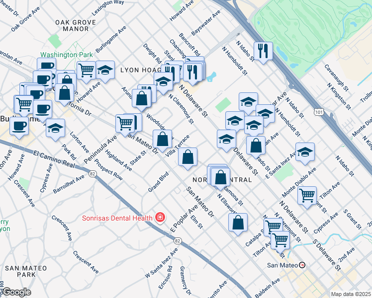 map of restaurants, bars, coffee shops, grocery stores, and more near 407 Villa Terrace in San Mateo