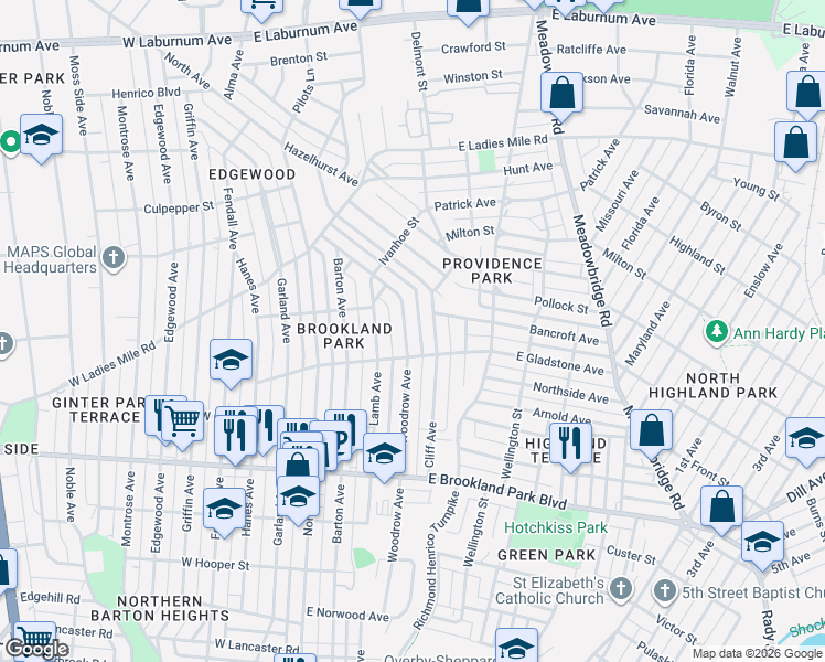 map of restaurants, bars, coffee shops, grocery stores, and more near 3218 Cliff Avenue in Richmond