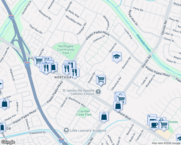 map of restaurants, bars, coffee shops, grocery stores, and more near 3666 Gainsborough Terrace in Fremont