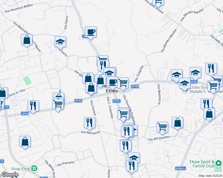 map of restaurants, bars, coffee shops, grocery stores, and more near 30 Via Marletta in Tremestieri Etneo