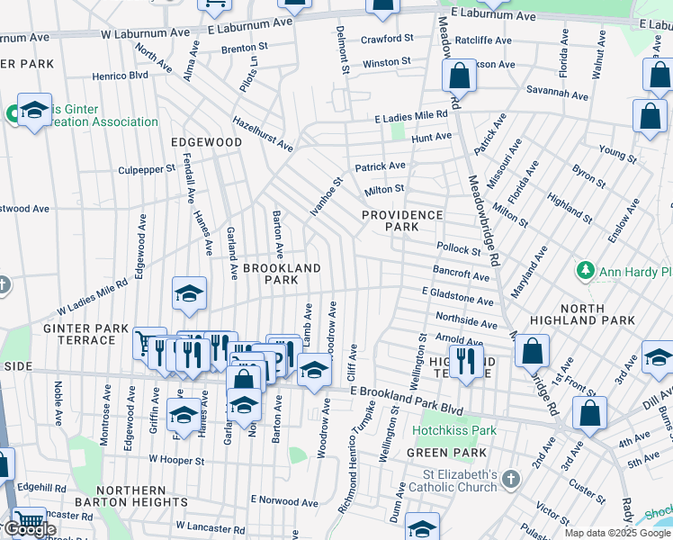 map of restaurants, bars, coffee shops, grocery stores, and more near 3211 Woodrow Avenue in Richmond