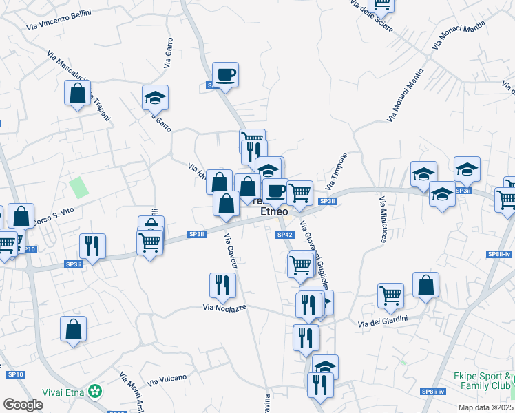 map of restaurants, bars, coffee shops, grocery stores, and more near 325 Via Etnea in Tremestieri Etneo