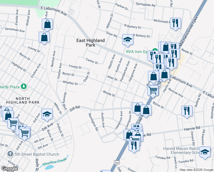 map of restaurants, bars, coffee shops, grocery stores, and more near 1902 Byron Street in Richmond