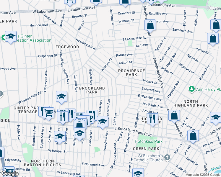 map of restaurants, bars, coffee shops, grocery stores, and more near 3211 Woodrow Avenue in Richmond