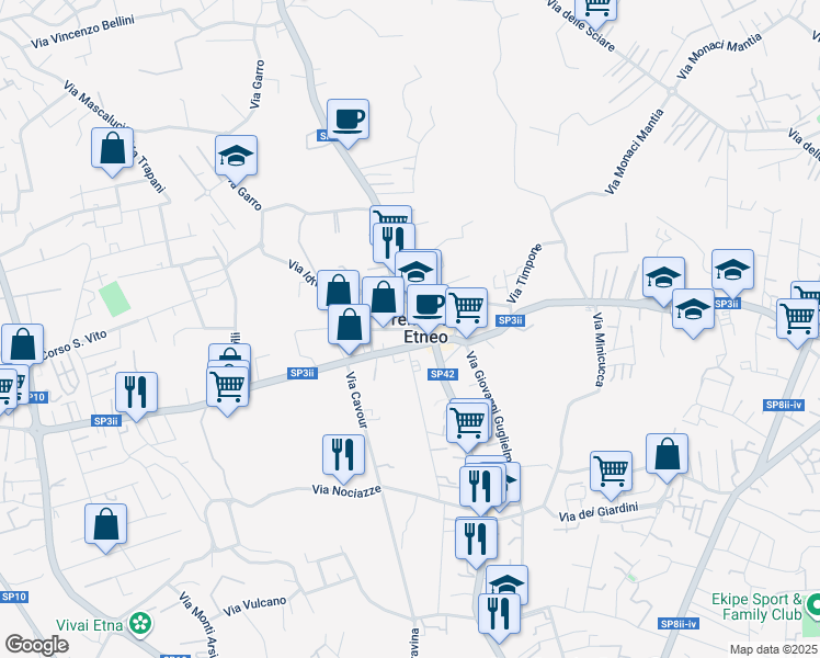 map of restaurants, bars, coffee shops, grocery stores, and more near 325 Via Etnea in Tremestieri Etneo