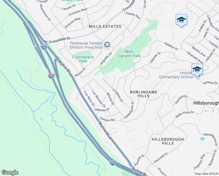 map of restaurants, bars, coffee shops, grocery stores, and more near 1511 La Mesa Drive in Burlingame