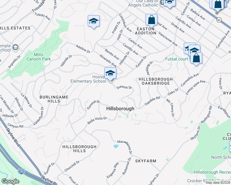 map of restaurants, bars, coffee shops, grocery stores, and more near 2220 Summit Drive in Hillsborough