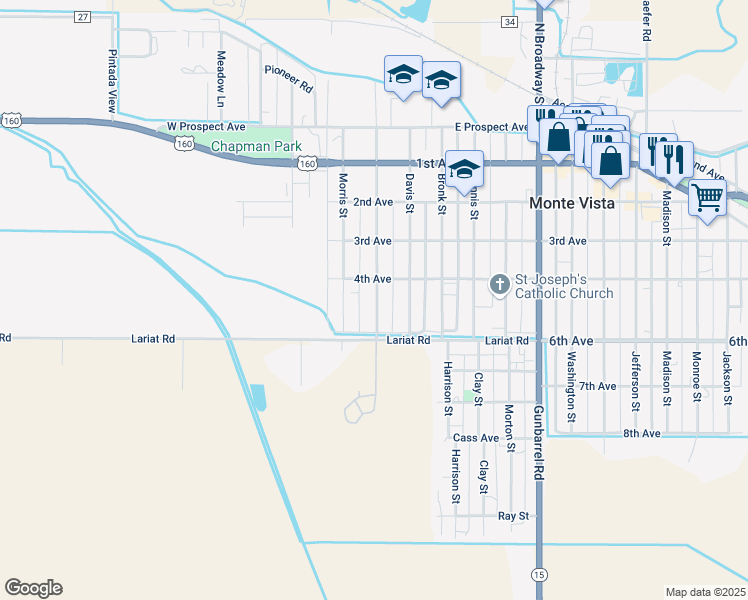 map of restaurants, bars, coffee shops, grocery stores, and more near 445 Dunham Street in Monte Vista