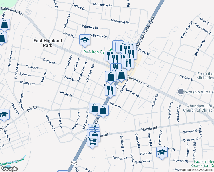 map of restaurants, bars, coffee shops, grocery stores, and more near 3803 Ronnie Avenue in Richmond