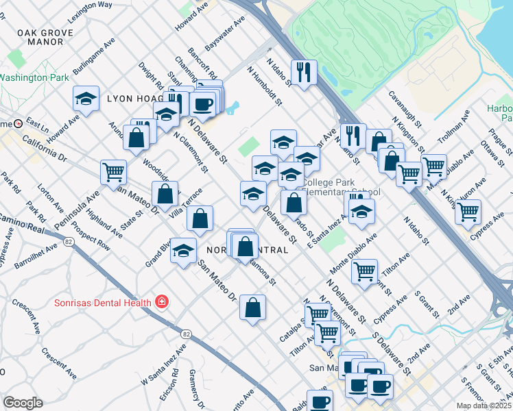 map of restaurants, bars, coffee shops, grocery stores, and more near 506 North Delaware Street in San Mateo