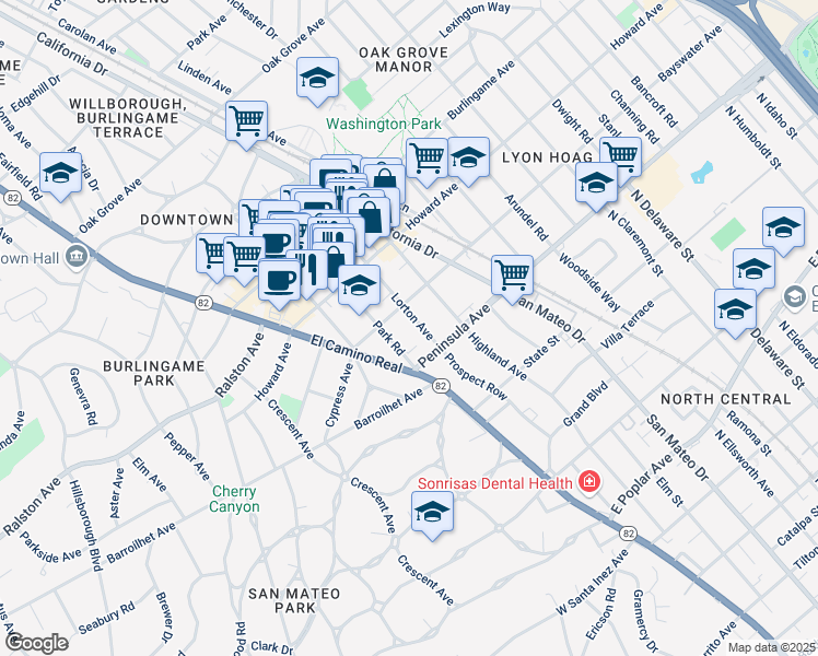 map of restaurants, bars, coffee shops, grocery stores, and more near 1155 Bayswater Avenue in Burlingame