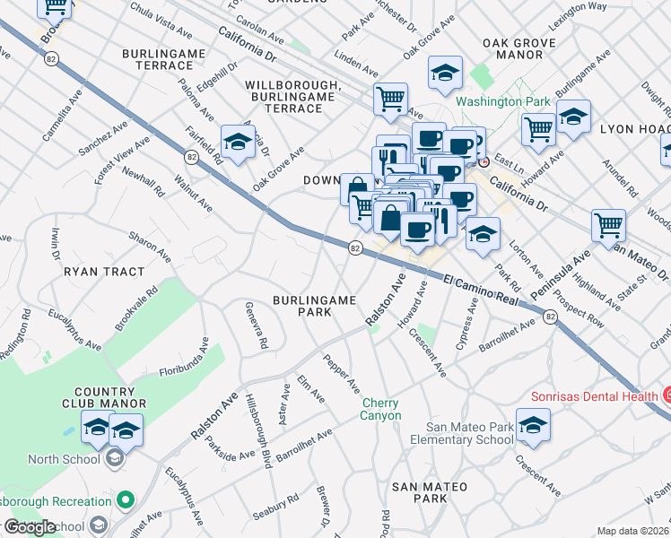 map of restaurants, bars, coffee shops, grocery stores, and more near 405 El Camino Real in Burlingame