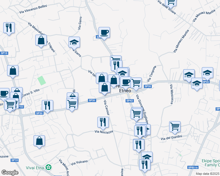 map of restaurants, bars, coffee shops, grocery stores, and more near 65 Via Vito Scalia in Tremestieri Etneo