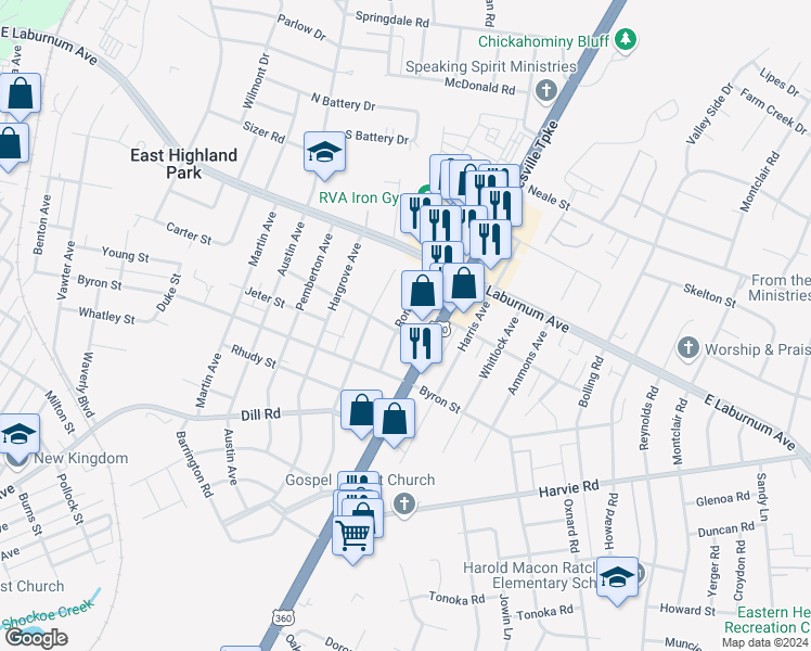 map of restaurants, bars, coffee shops, grocery stores, and more near 3803 Ronnie Avenue in Richmond