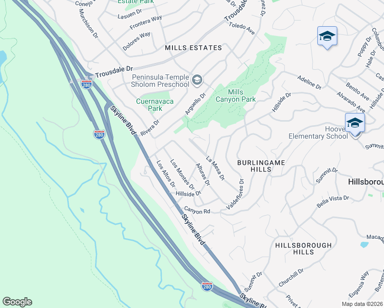 map of restaurants, bars, coffee shops, grocery stores, and more near 1524 Alturas Drive in Burlingame