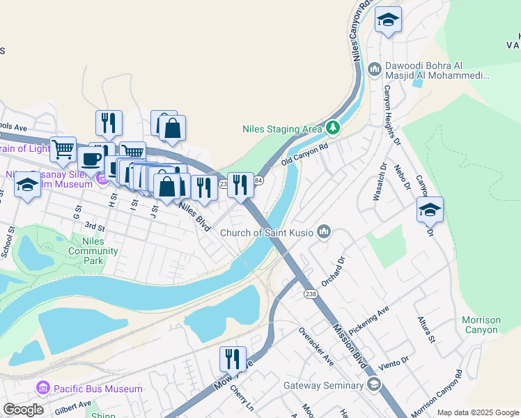map of restaurants, bars, coffee shops, grocery stores, and more near in Fremont