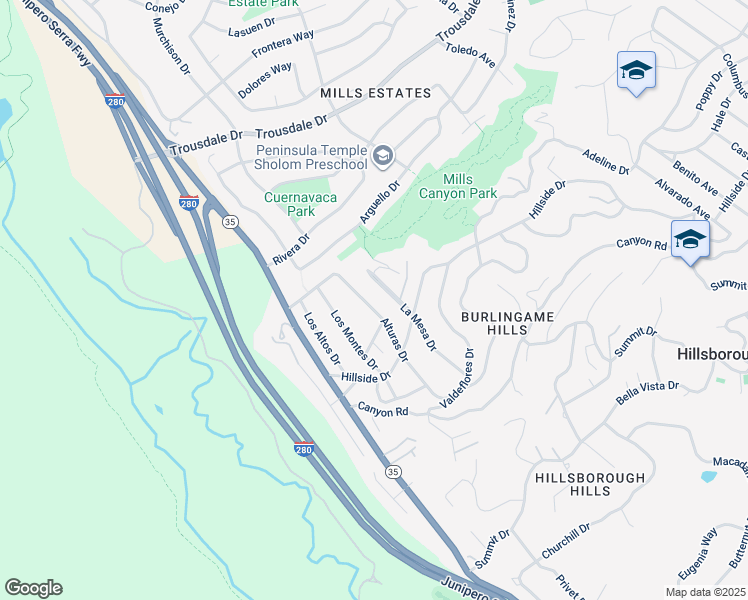 map of restaurants, bars, coffee shops, grocery stores, and more near 1524 Alturas Drive in Burlingame
