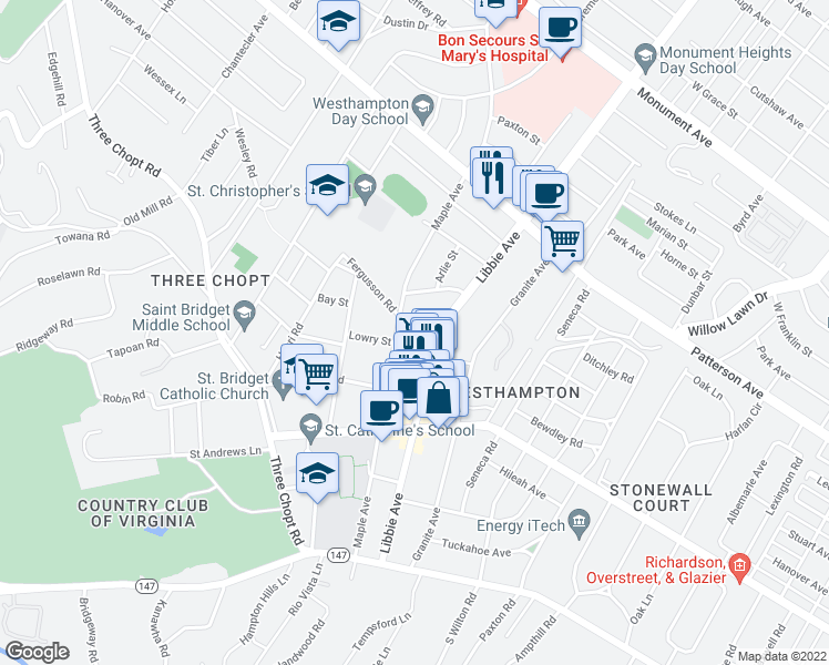 map of restaurants, bars, coffee shops, grocery stores, and more near 5801 Maple Green Circle in Richmond