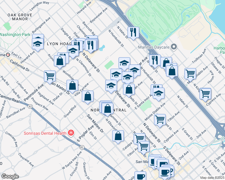 map of restaurants, bars, coffee shops, grocery stores, and more near 520 East Bellevue Avenue in San Mateo