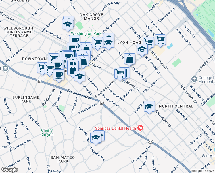 map of restaurants, bars, coffee shops, grocery stores, and more near Peninsula Ave & Highland Ave in San Mateo