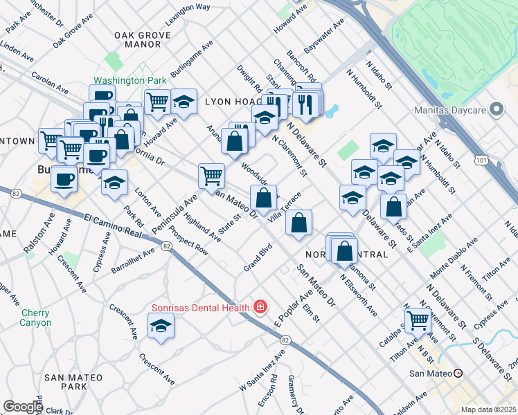 map of restaurants, bars, coffee shops, grocery stores, and more near 720 North San Mateo Drive in San Mateo