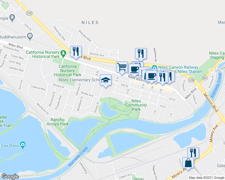map of restaurants, bars, coffee shops, grocery stores, and more near 37141 2nd Street in Fremont
