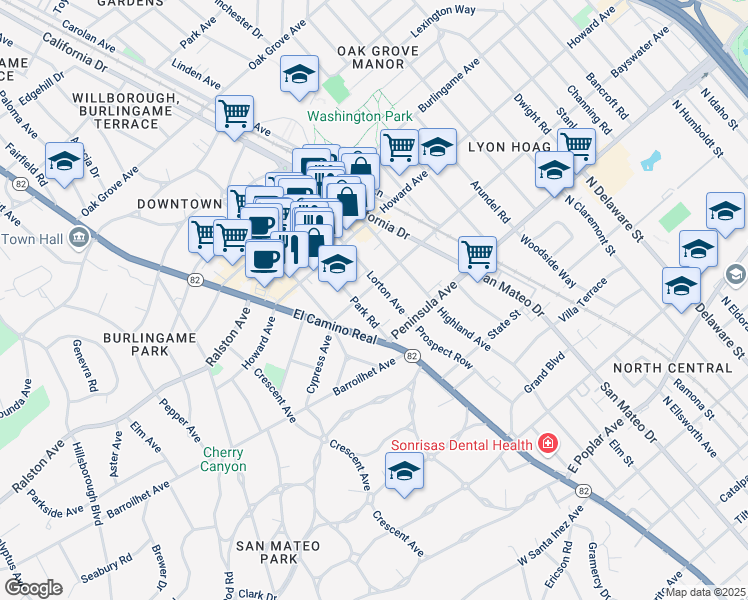 map of restaurants, bars, coffee shops, grocery stores, and more near 1155 Bayswater Avenue in Burlingame
