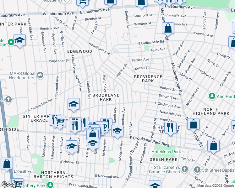 map of restaurants, bars, coffee shops, grocery stores, and more near 3221 Lamb Avenue in Richmond