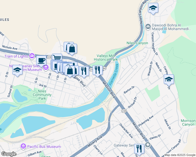 map of restaurants, bars, coffee shops, grocery stores, and more near in Fremont