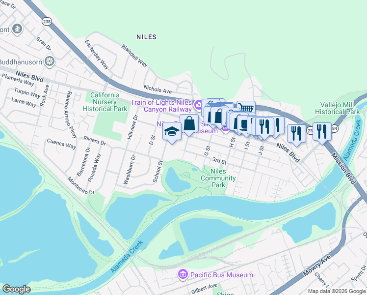 map of restaurants, bars, coffee shops, grocery stores, and more near 37141 2nd Street in Fremont