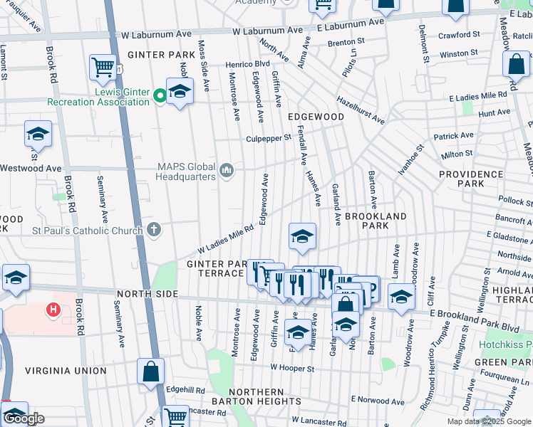 map of restaurants, bars, coffee shops, grocery stores, and more near 3201 Edgewood Avenue in Richmond