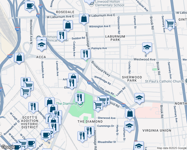 map of restaurants, bars, coffee shops, grocery stores, and more near 1610 Wentbridge Road in Richmond