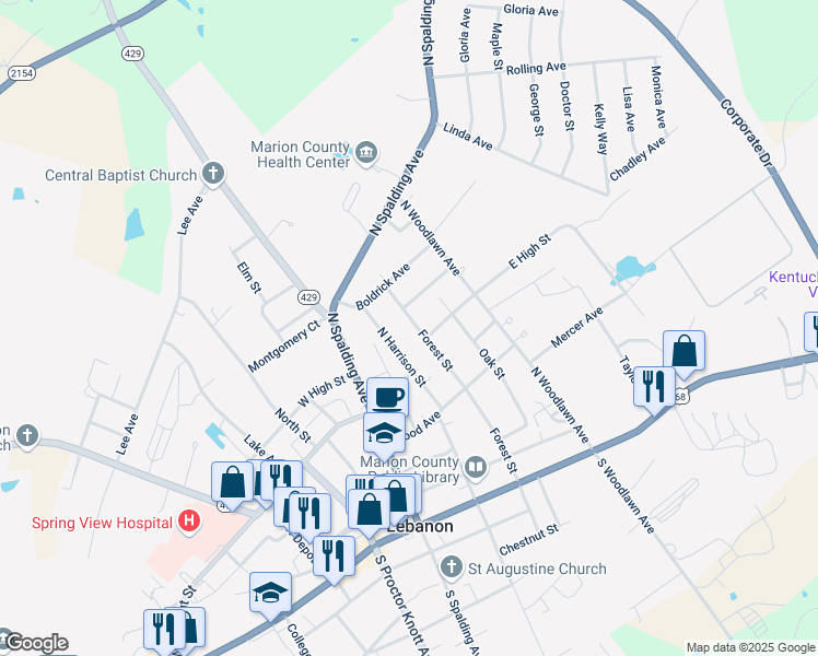 map of restaurants, bars, coffee shops, grocery stores, and more near 339 North Forest Street in Lebanon