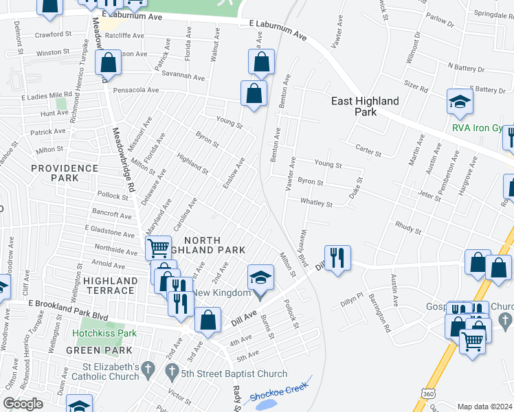 map of restaurants, bars, coffee shops, grocery stores, and more near 3424 2nd Avenue in Richmond
